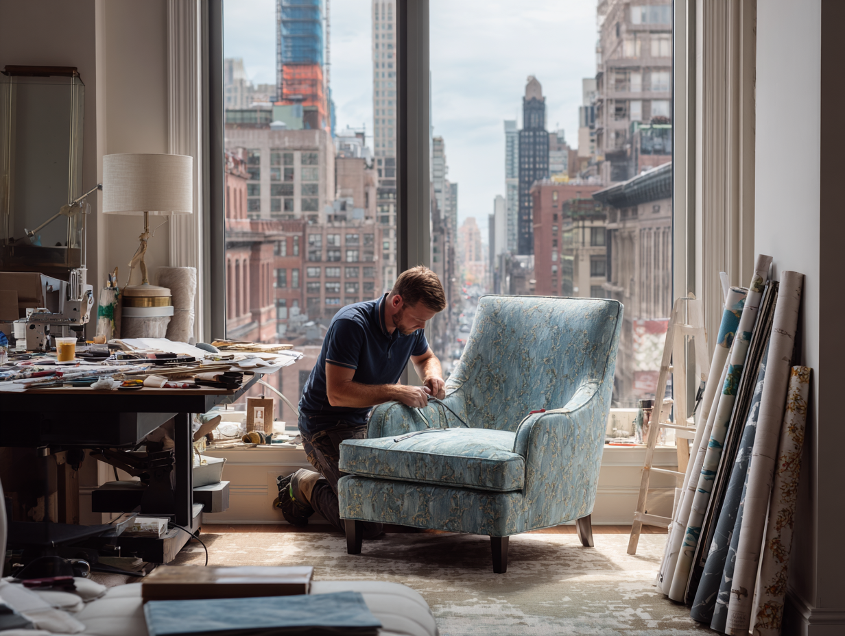 Furniture upholsterer reupholstering a chair
